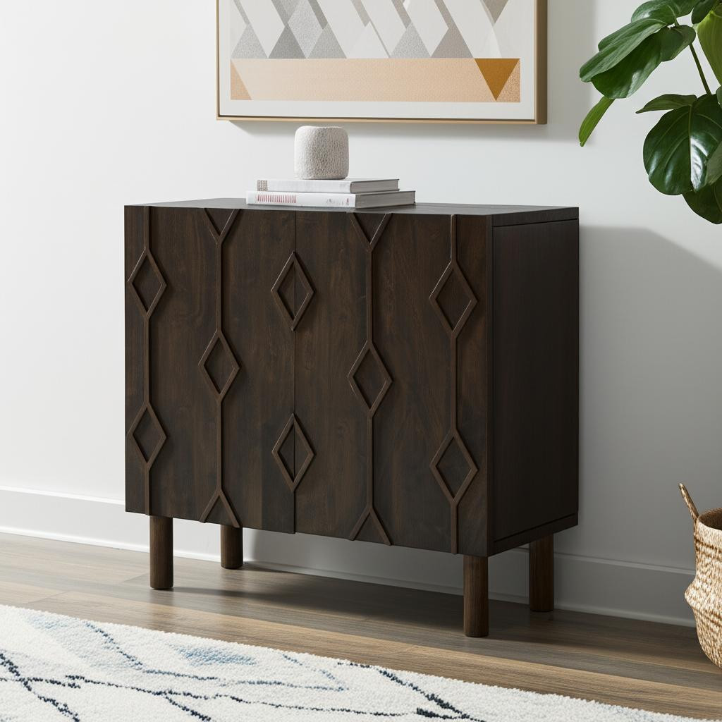 611065 36 in. Dark Brown Solid Wood Carved Geometric Accent Cabinet with 2 Doors