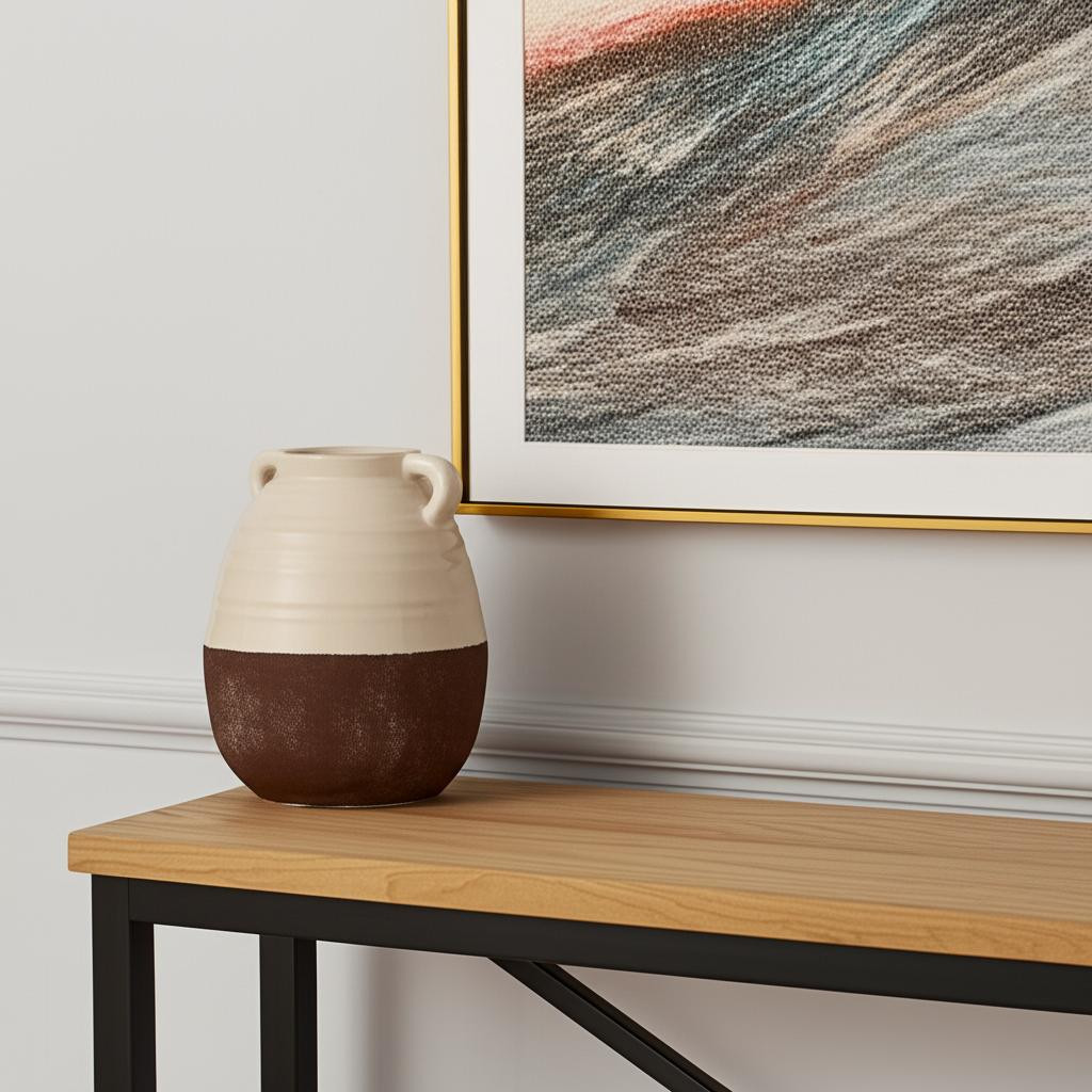 608357 14 in. Brown & Cream Ceramic Amphora Table Vase