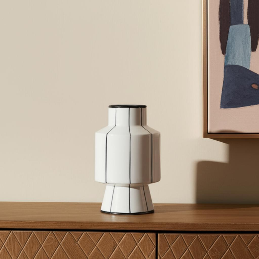 608358 13 in. White & Black Striped Ceramic Cylinder Table Vase
