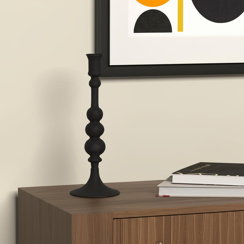 608417 12 in. Black Glass Tabletop Taper Candlestick