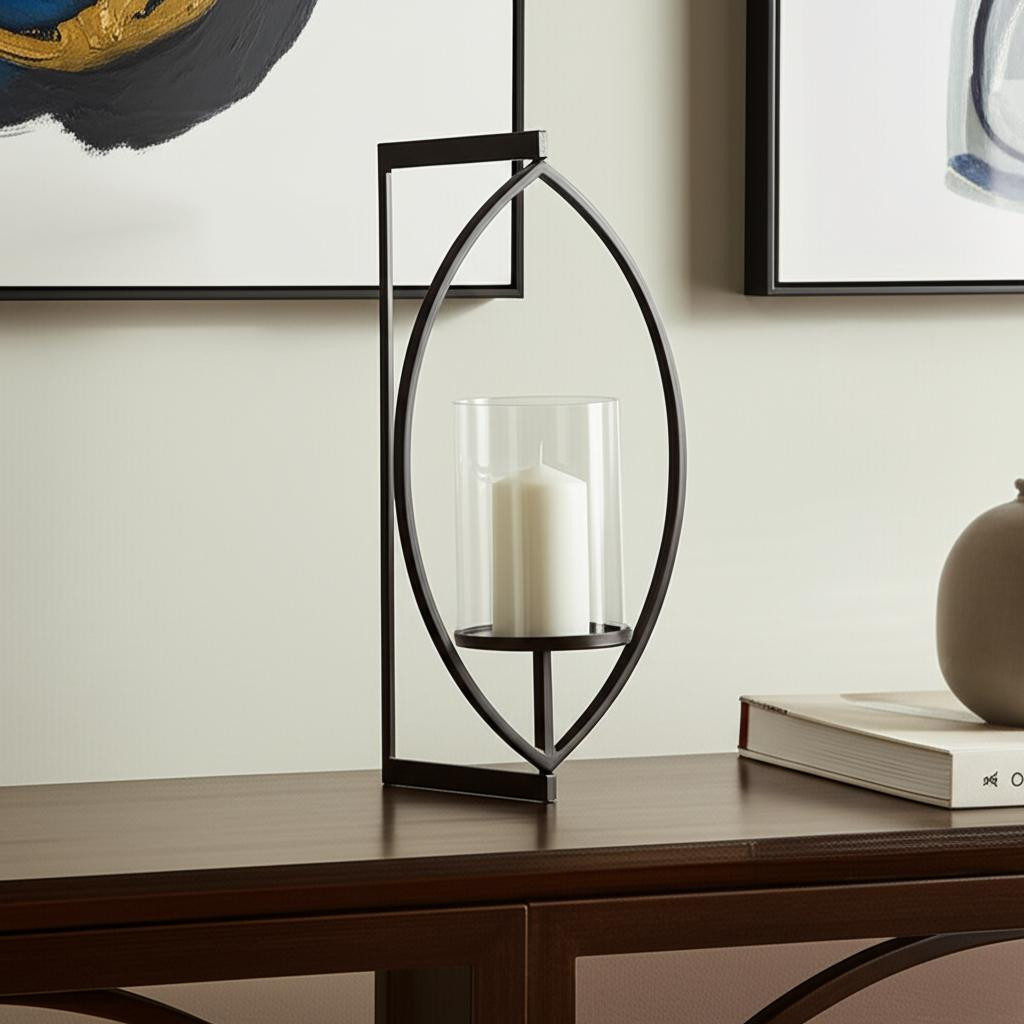 608543 22 in. Black Geometric Metal & Glass Lantern Candle Holder