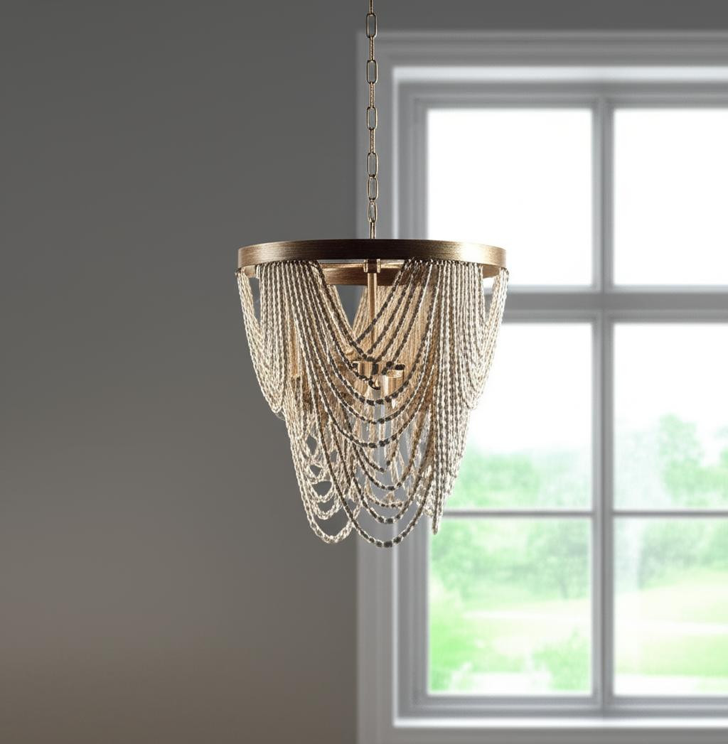 611331 Empire Three Light Metal & Beads Dimmable Chandelier - White & Gold