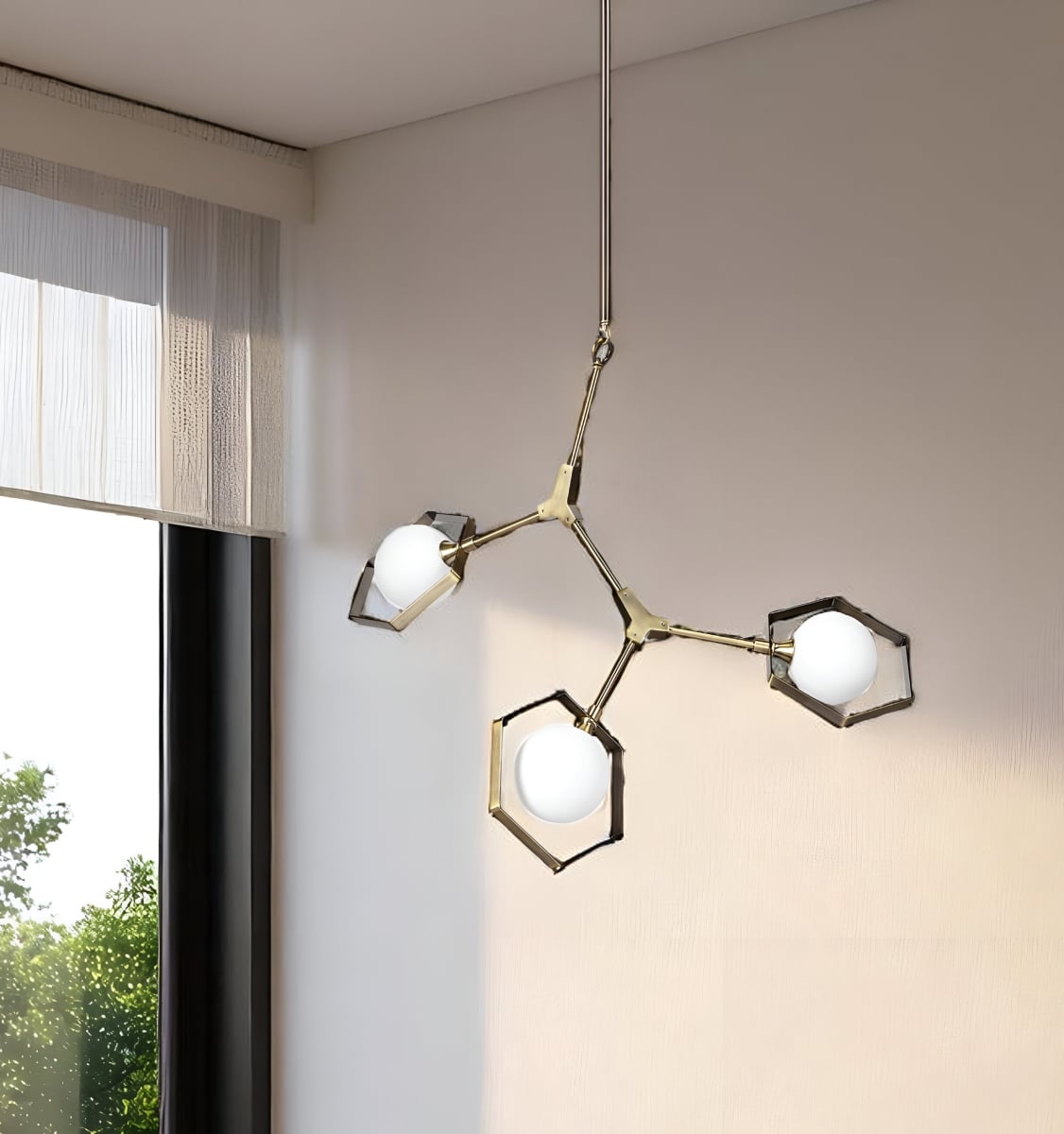 611349 Champagne Unique Statement 3 Light Metal & Glass Dimmable Chandelier with White Shades