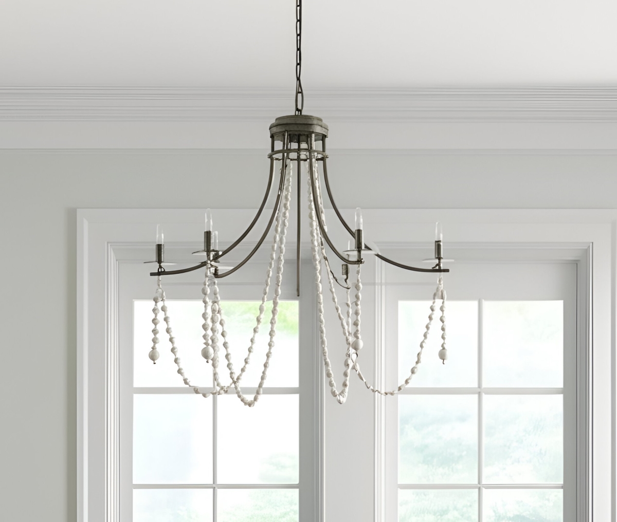 611354 White & Silver Candle Style 6 Light Metal & Beads Dimmable Chandelier