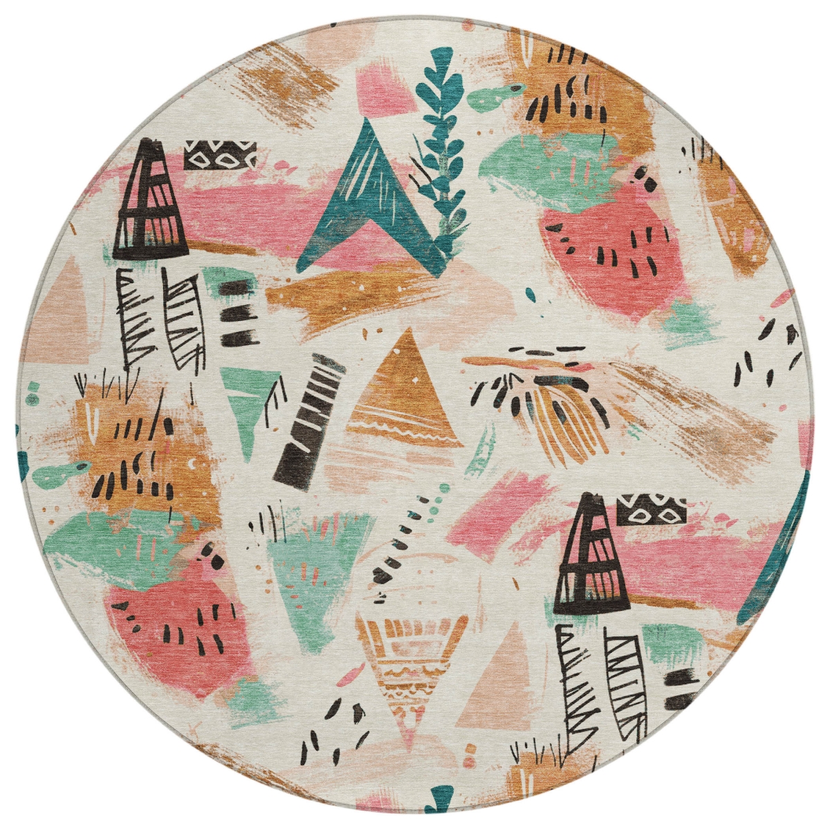 611666 8 ft. Ivory Blush & Teal Blue Abstract Washable Transitional Indoor & Outdoor Round Area Rug
