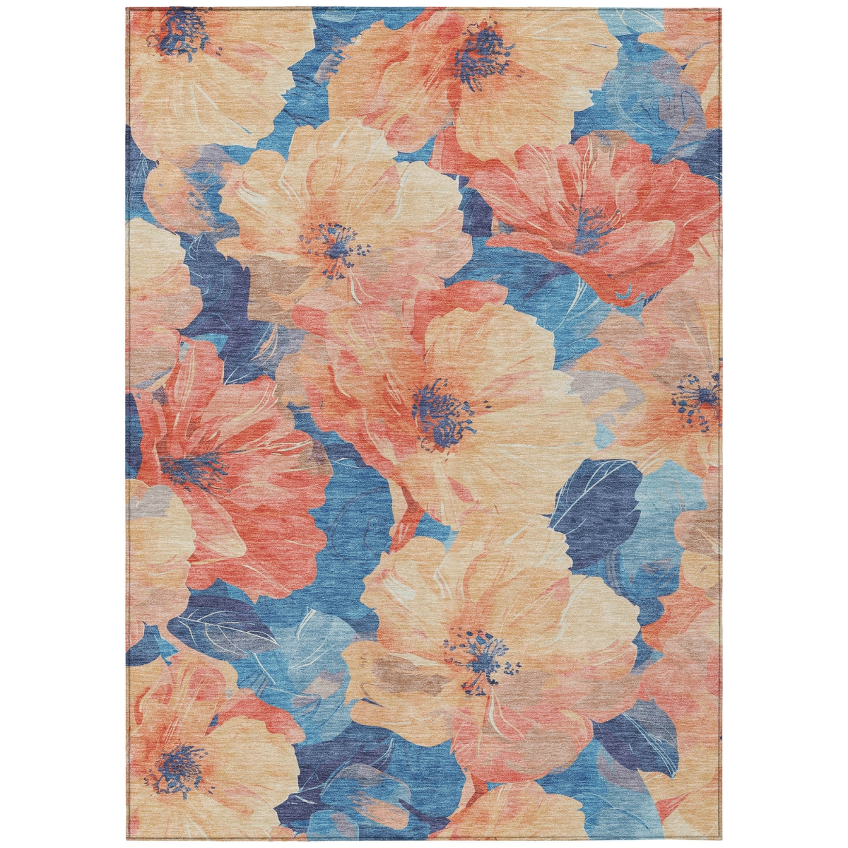 611458 10 x 14 ft. Peach & Blue Floral Washable Transitional Indoor & Outdoor Rectangle Area Rug