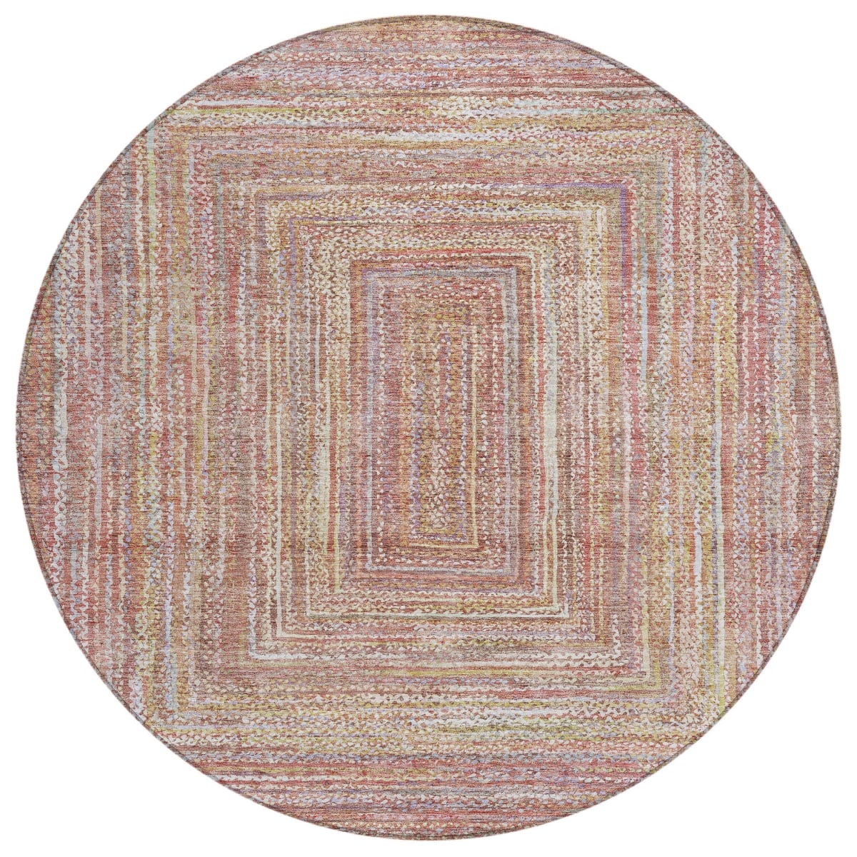 618969 8 ft. Rust Mauve & Coral Geometric Washable Transitional Indoor & Outdoor Round Area Rug