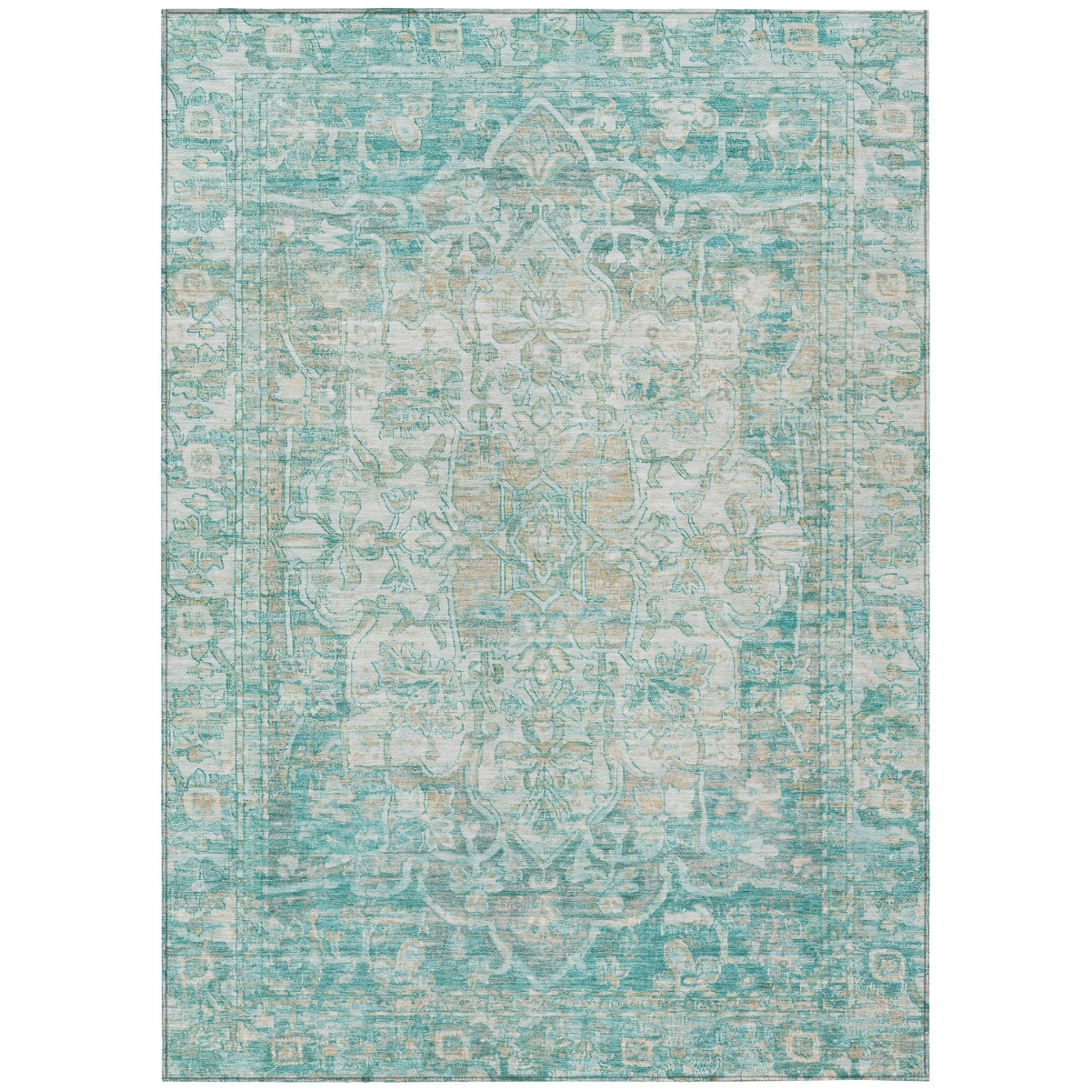 619055 9 x 12 ft. Teal, Blue & Ivory Floral Medallion Washable Traditional Indoor & Outdoor Rectangle Area Rug