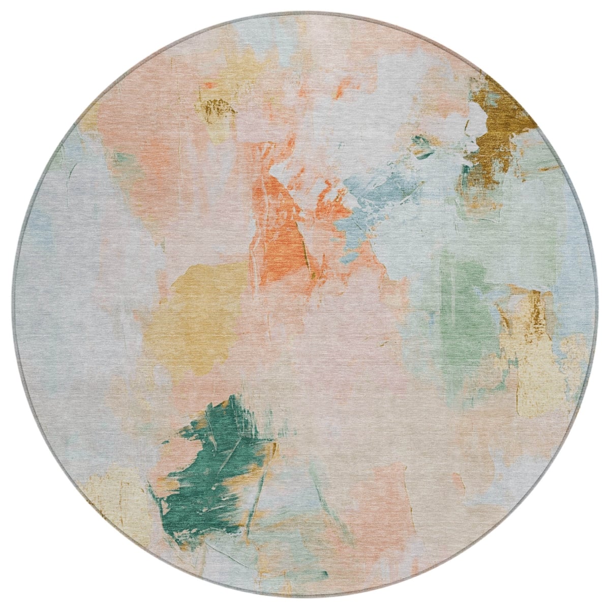 625615 8 ft. Peach & Teal Blue Abstract Washable Transitional Indoor & Outdoor Round Area Rug