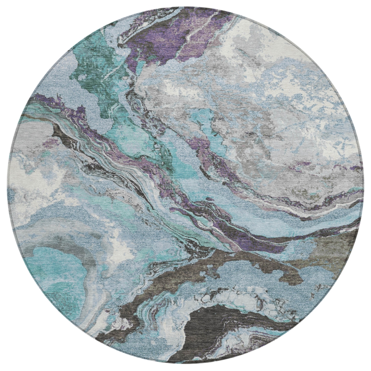 625459 8 ft. Teal, Blue & Charcoal Abstract Washable Transitional Indoor & Outdoor Round Area Rug