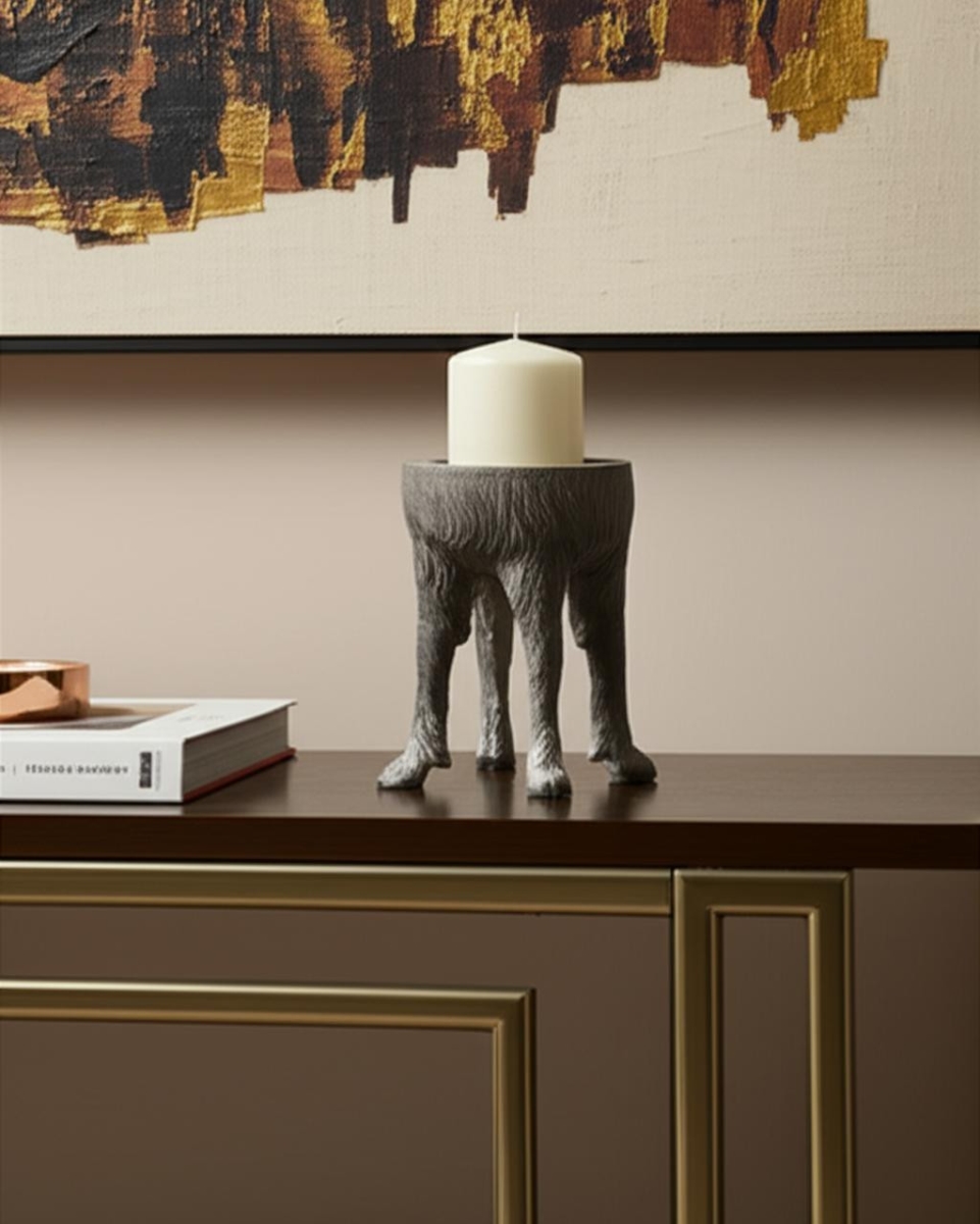 608560 7 in. Gray Distressed Abstract Ceramic Tabletop Pillar Candle Holder