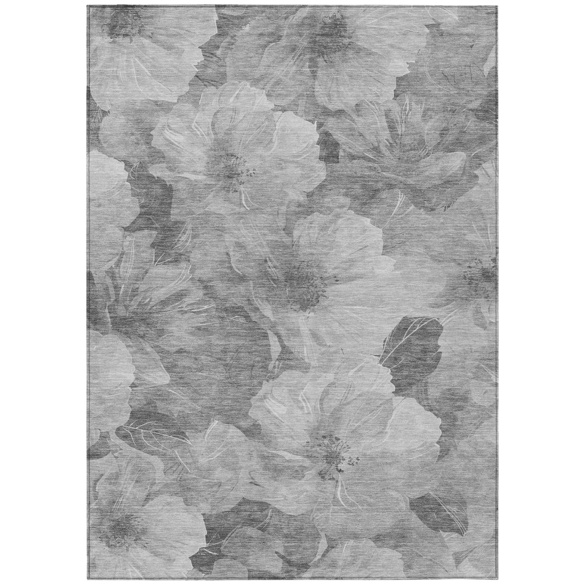 611446 10 x 14 ft. Gray & Charcoal Floral Washable Transitional Indoor & Outdoor Rectangle Area Rug