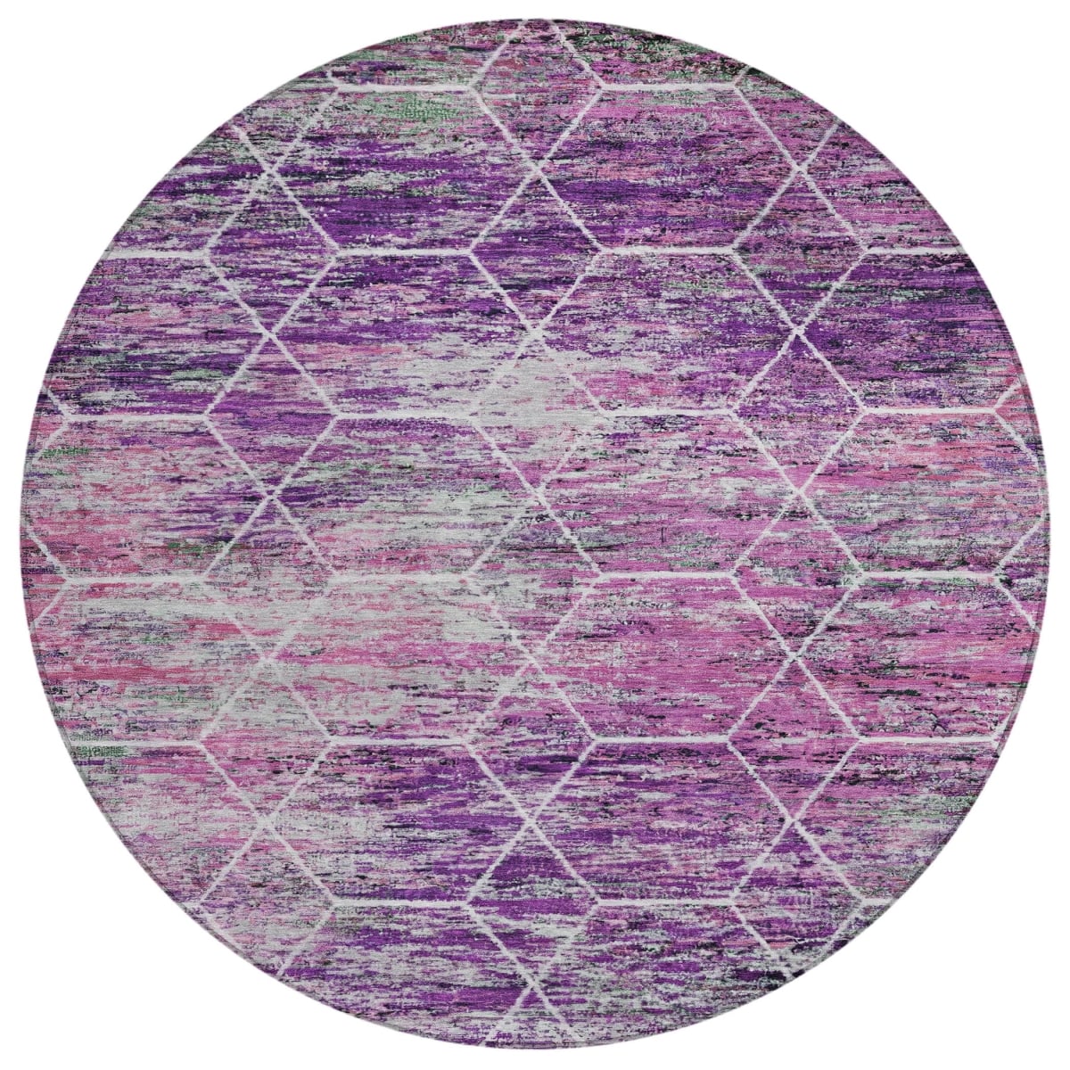 618897 8 ft. Purple, Lavender & Ivory Geometric Washable Transitional Indoor & Outdoor Round Area Rug