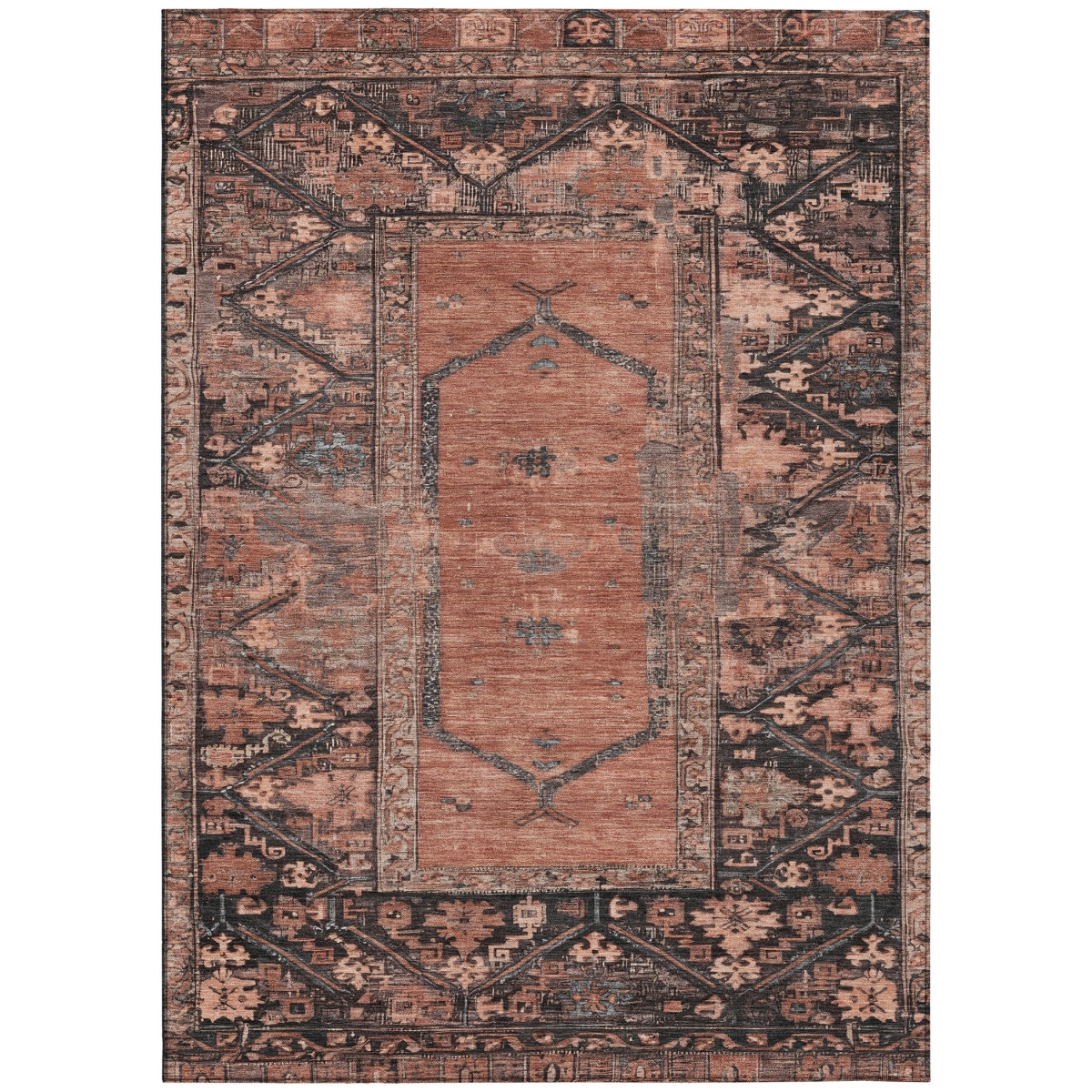 619025 9 x 12 ft. Terra Cotta & Gray Oriental Washable Traditional Indoor & Outdoor Rectangle Area Rug