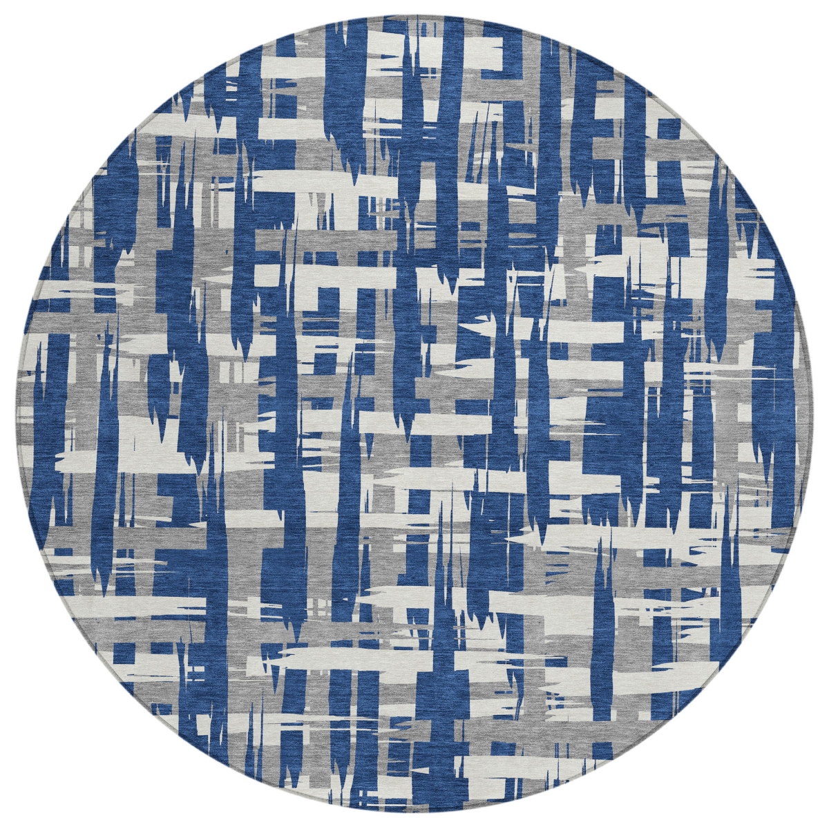 622721 8 ft. Navy Blue, Gray & Ivory Striped Washable Transitional Indoor & Outdoor Round Area Rug
