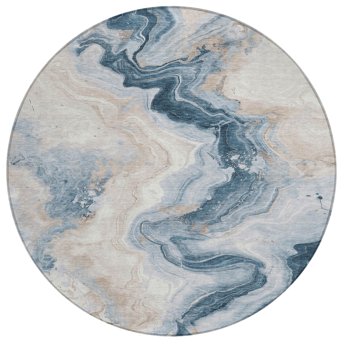 623164 8 ft. Beige & Navy Blue Abstract Washable Transitional Indoor & Outdoor Round Area Rug