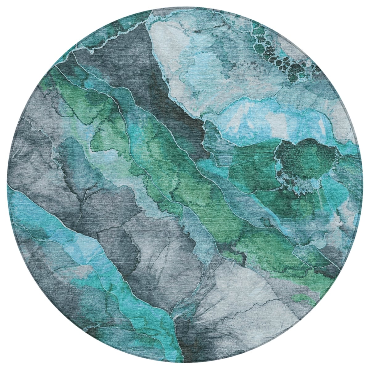 623230 8 ft. Teal, Blue & Ivory Floral Washable Transitional Indoor & Outdoor Round Area Rug
