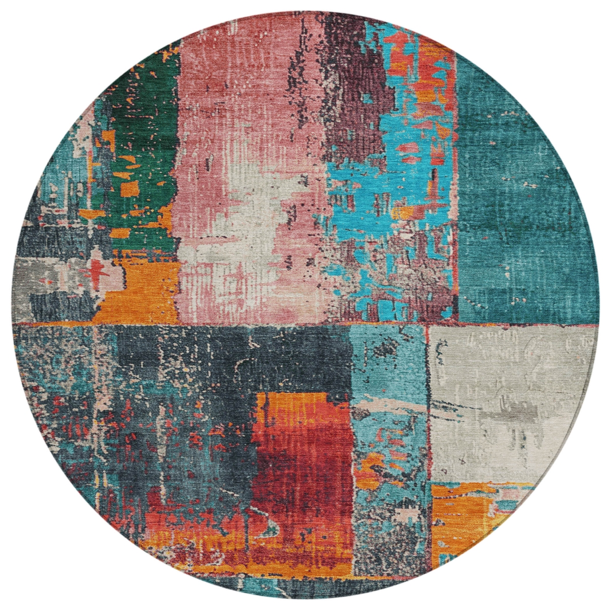 623266 8 ft. Teal, Blue & Orange Abstract Washable Transitional Indoor & Outdoor Round Area Rug
