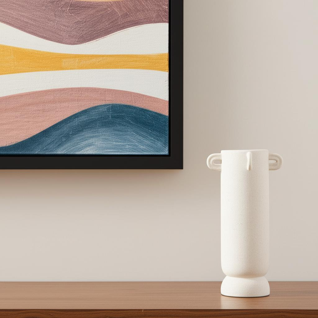 608366 16 in. Off White Cylinder Ceramic Table Vase with Handles