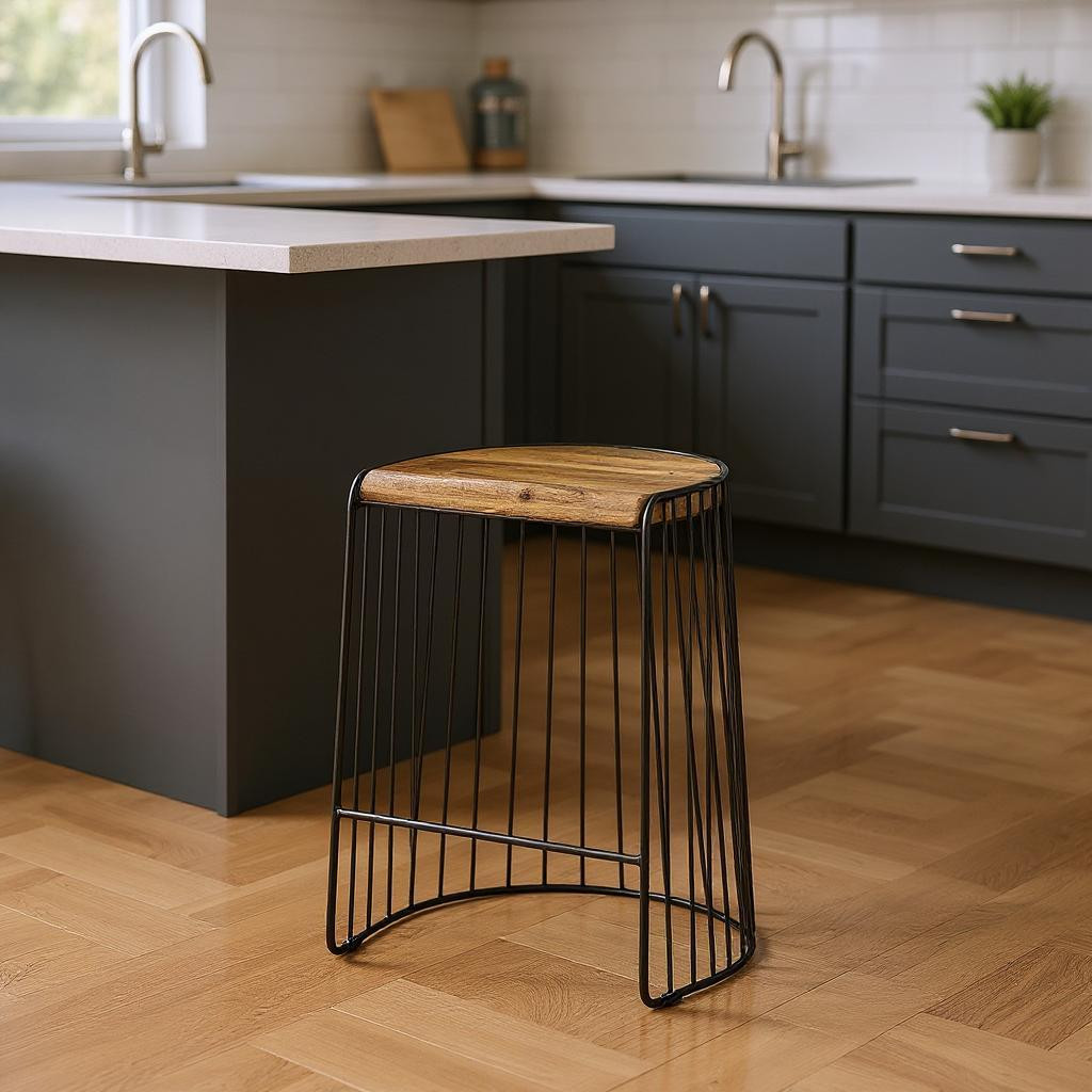 605914 25.6 x 20 x 18 in. Natural & Black Solid Wood & Iron Backless Counter Height Bar Chair