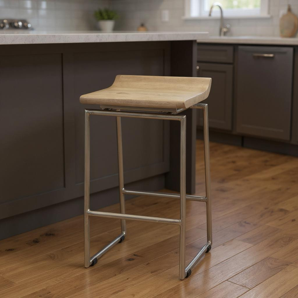605922 25 in. Solid Wood & Iron Low Back Counter Height Bar Chair - Natural & Silver