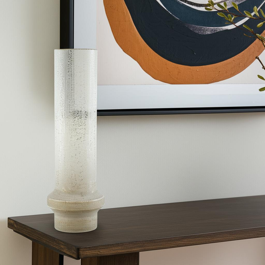 608328 19 in. Off White & Gold Metal Cylinder Table Vase