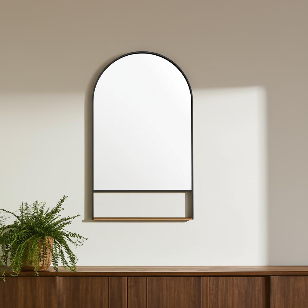 607275 40 in. Black Metal Arch Framed Accent Mirror with Shelf