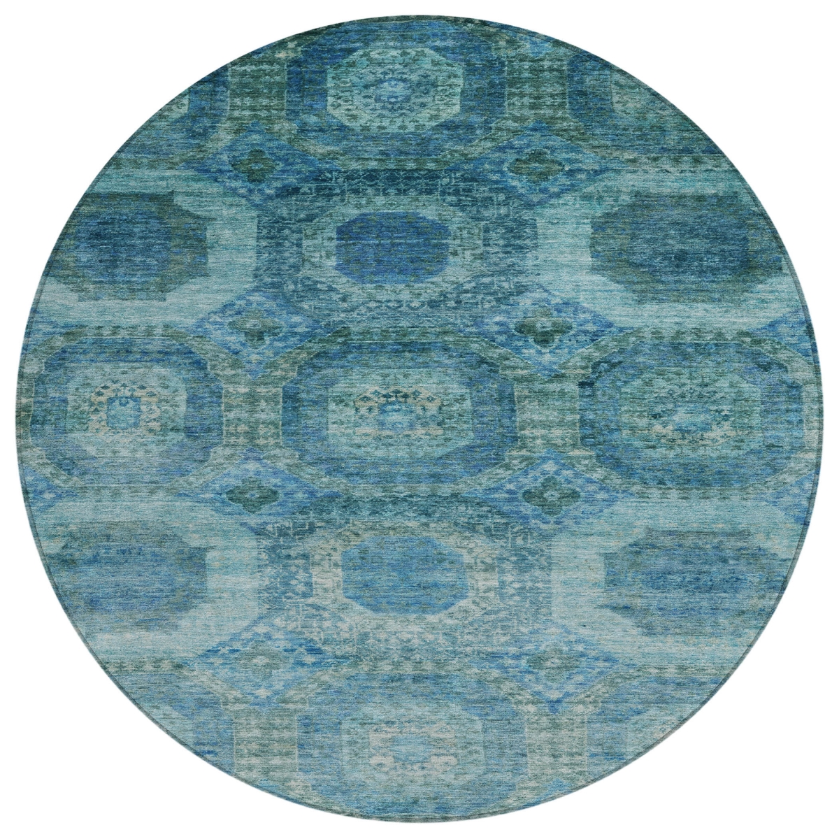 626758 8 ft. Blue & Ivory Medallion Washable Transitional Indoor & Outdoor Round Area Rug