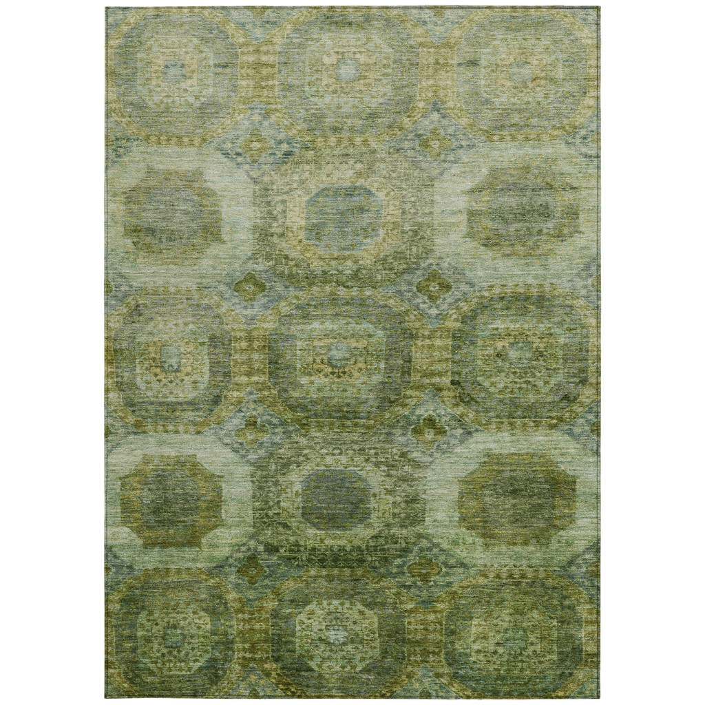 626751 5 x 8 ft. Artichoke Green & Beige Medallion Washable Transitional Indoor & Outdoor Rectangle Area Rug