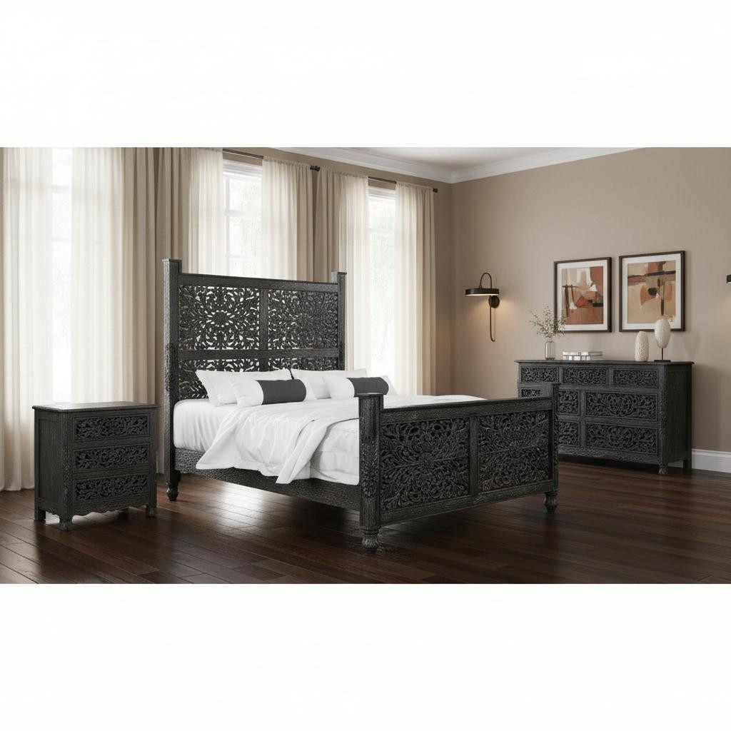 636272 70 x 67 x 89 in. Black Solid Wood Bedroom Set - 3 Piece