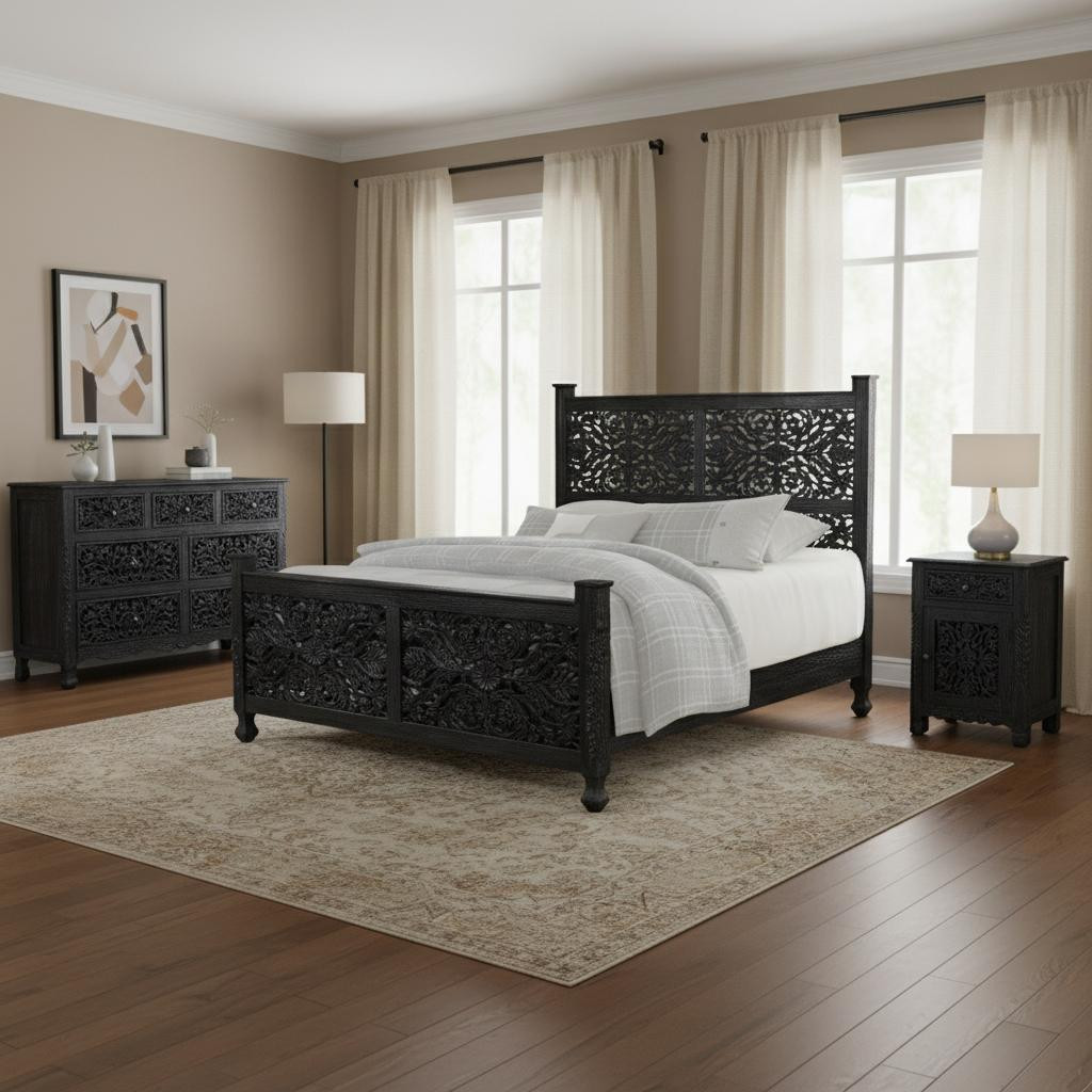 636279 69 x 81 x 89 in. Black Solid Wood Bedroom Set - 3 Piece