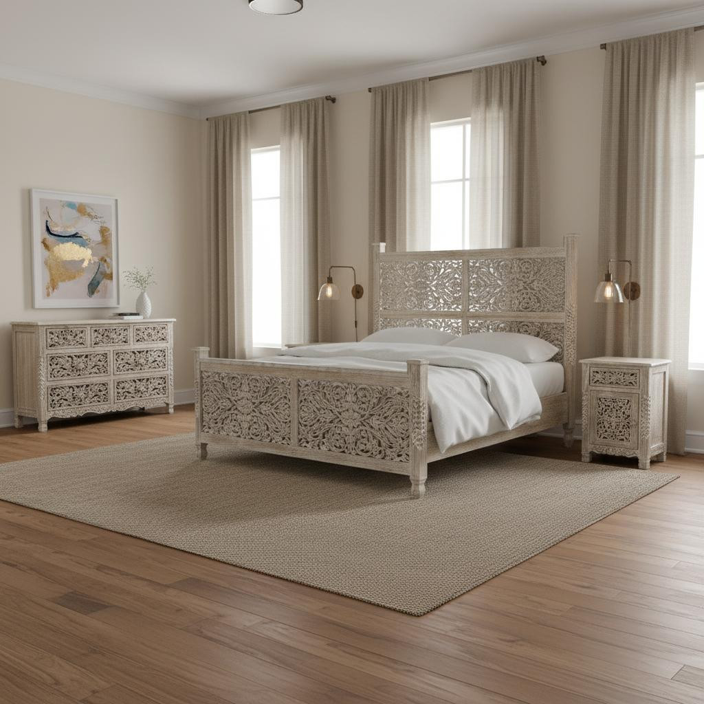 636281 69 x 81 x 89 in. Gray Solid Wood Bedroom Set - 3 Piece