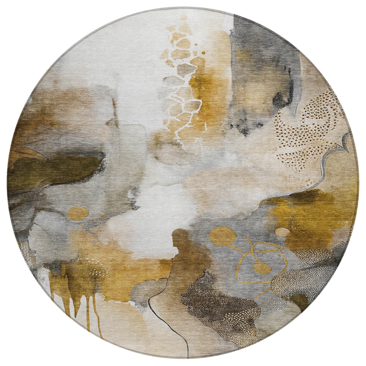 629301 8 ft. Brown Charcoal & Ivory Abstract Washable Transitional Indoor & Outdoor Round Area Rug