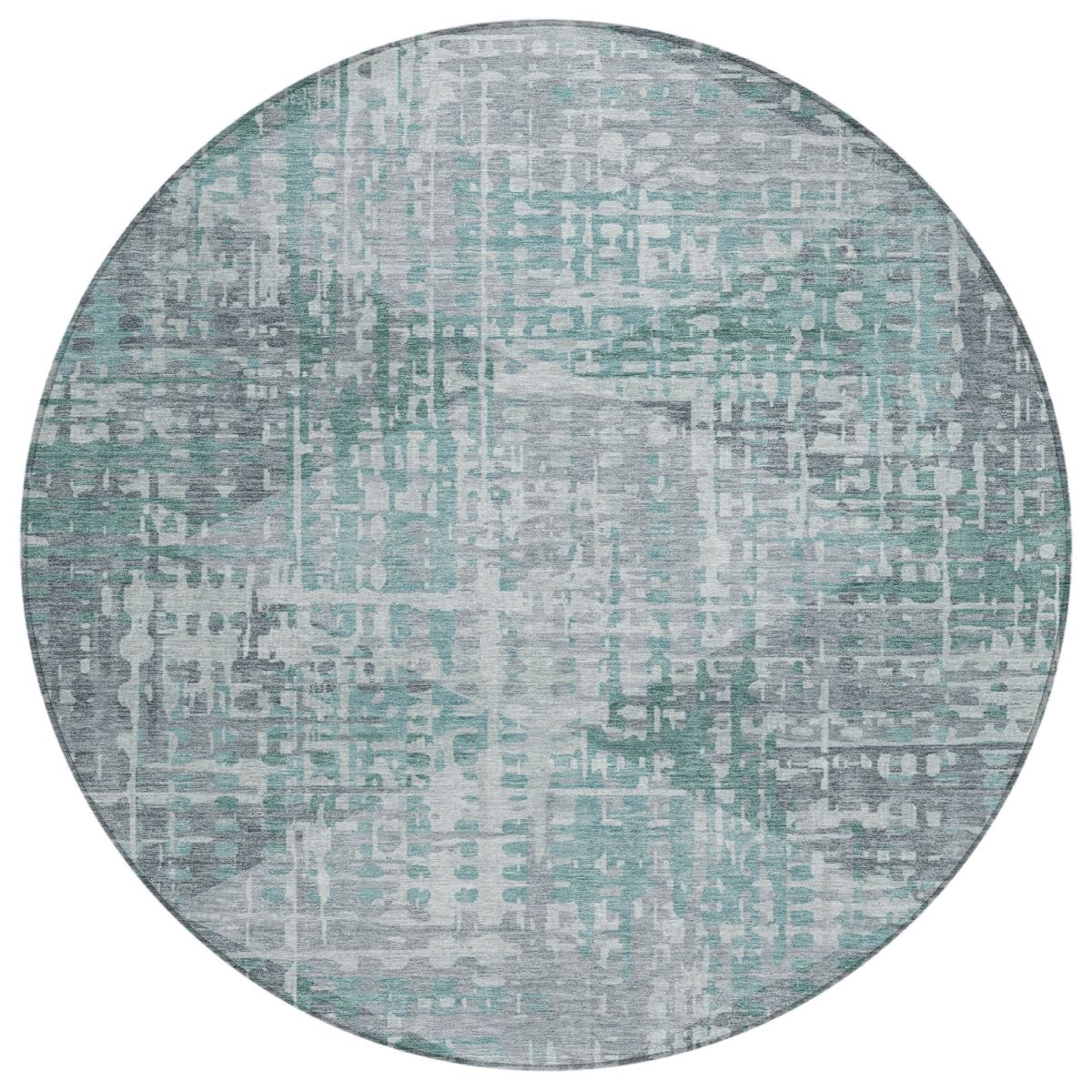 629541 8 ft. Teal, Blue & Gray Geometric Washable Transitional Indoor & Outdoor Round Area Rug