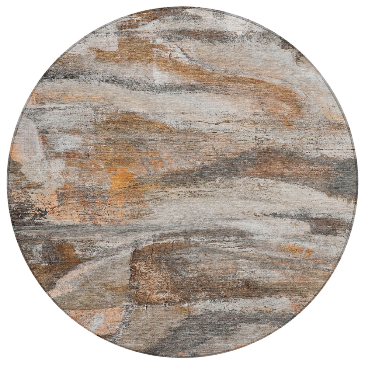 629945 8 ft. Brown, Gray & Copper Abstract Washable Transitional Indoor & Outdoor Round Area Rug