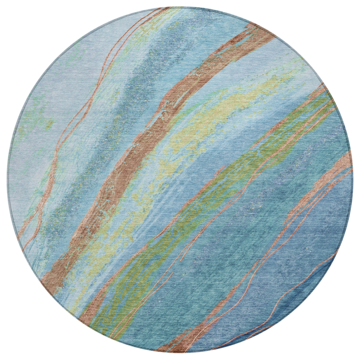 629909 8 ft. Blue Copper & Green Abstract Washable Transitional Indoor & Outdoor Round Area Rug