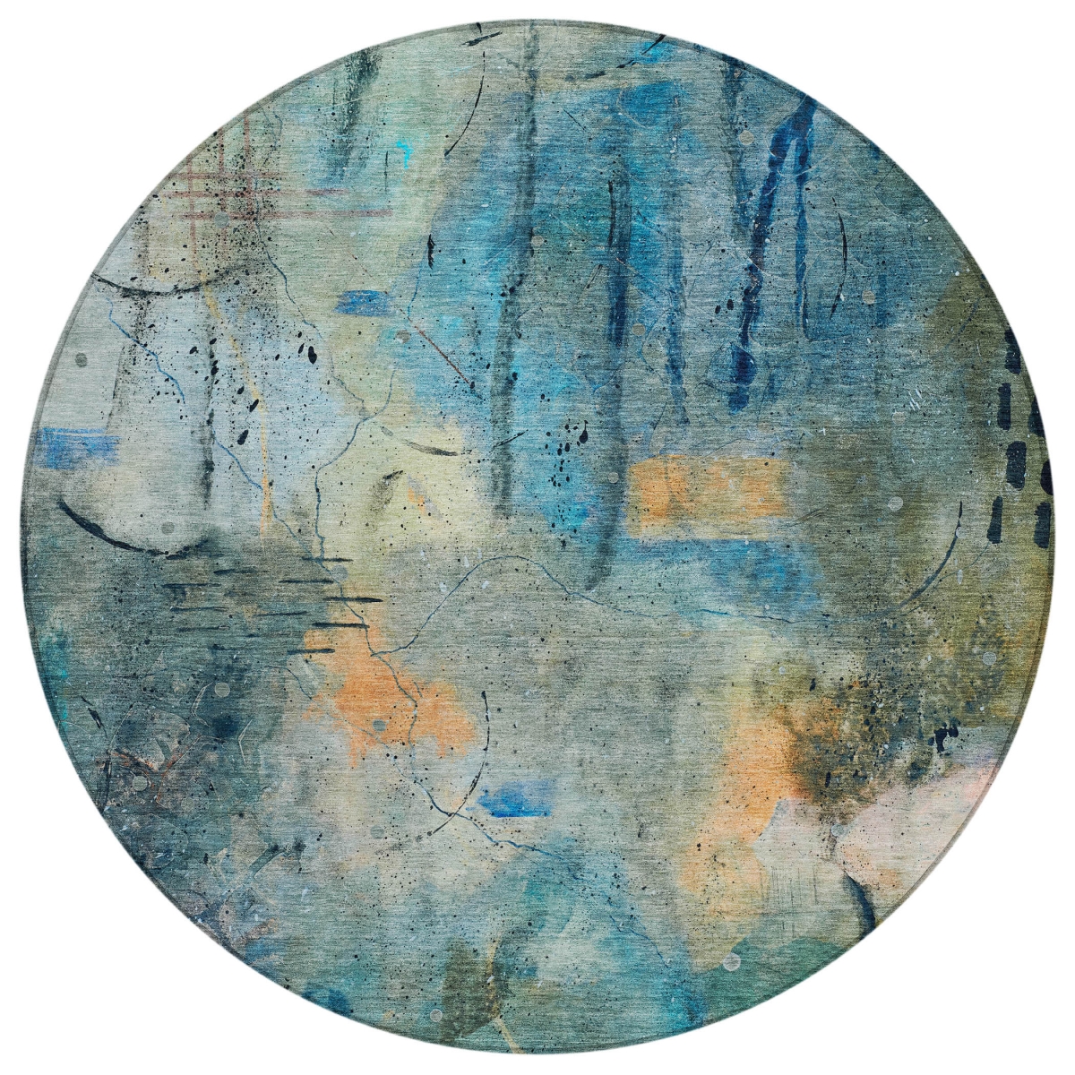 629745 8 ft. Teal, Blue & Gold Abstract Washable Transitional Indoor & Outdoor Round Area Rug