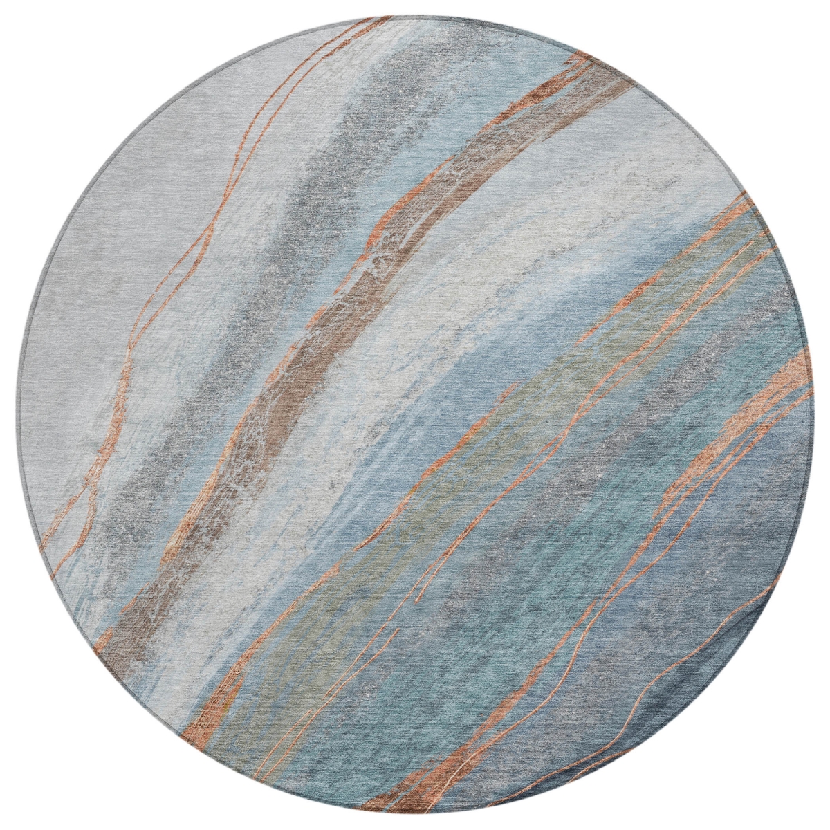 629879 8 ft. Blue & Copper Abstract Washable Transitional Indoor & Outdoor Round Area Rug