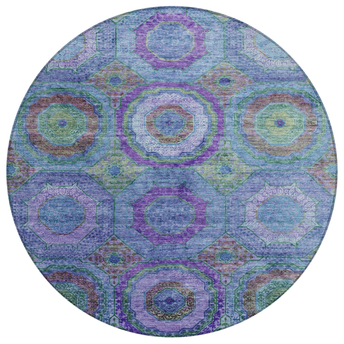630179 8 ft. Blue Purple & Lime Green Geometric Washable Transitional Indoor & Outdoor Round Area Rug