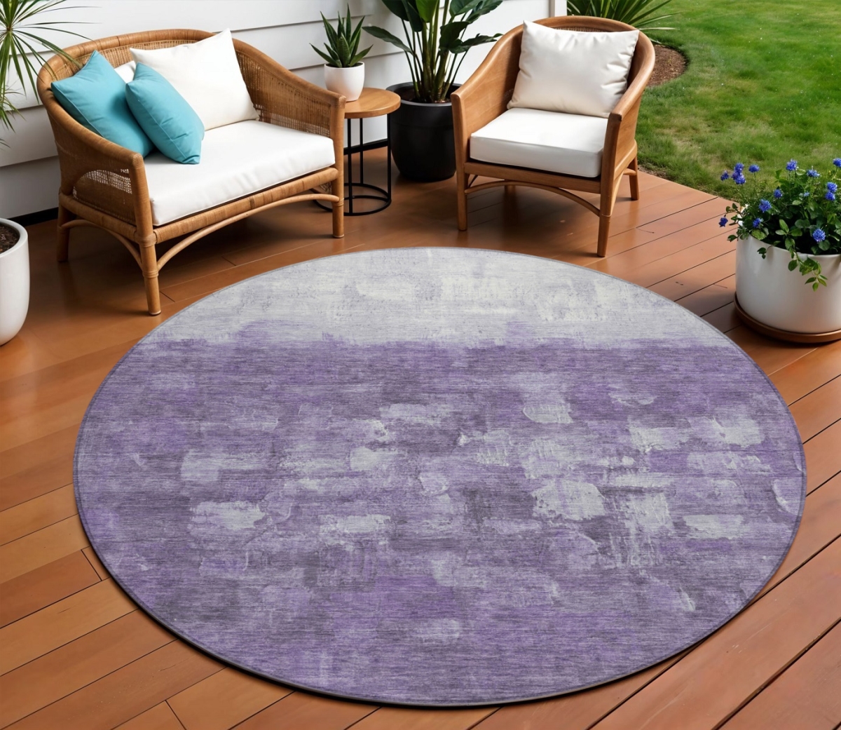 632091 8 ft. Purple & Silver Abstract Washable Transitional Indoor & Outdoor Round Area Rug
