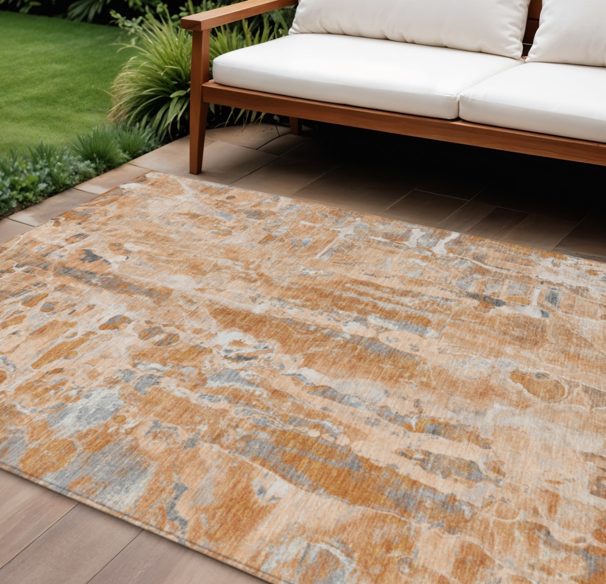 632136 10 x 14 ft. Orange & Gray Abstract Washable Transitional Indoor & Outdoor Rectangle Area Rug