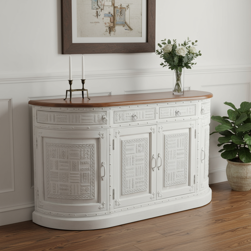 634324 36 x 69 x 18 in. White & Brown Solid Wood Carved Geometric 4 Drawers & 4 Door Sideboard