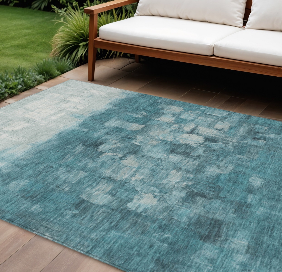 632098 8 x 10 ft. Teal, Blue & Silver Abstract Washable Transitional Indoor & Outdoor Rectangle Area Rug