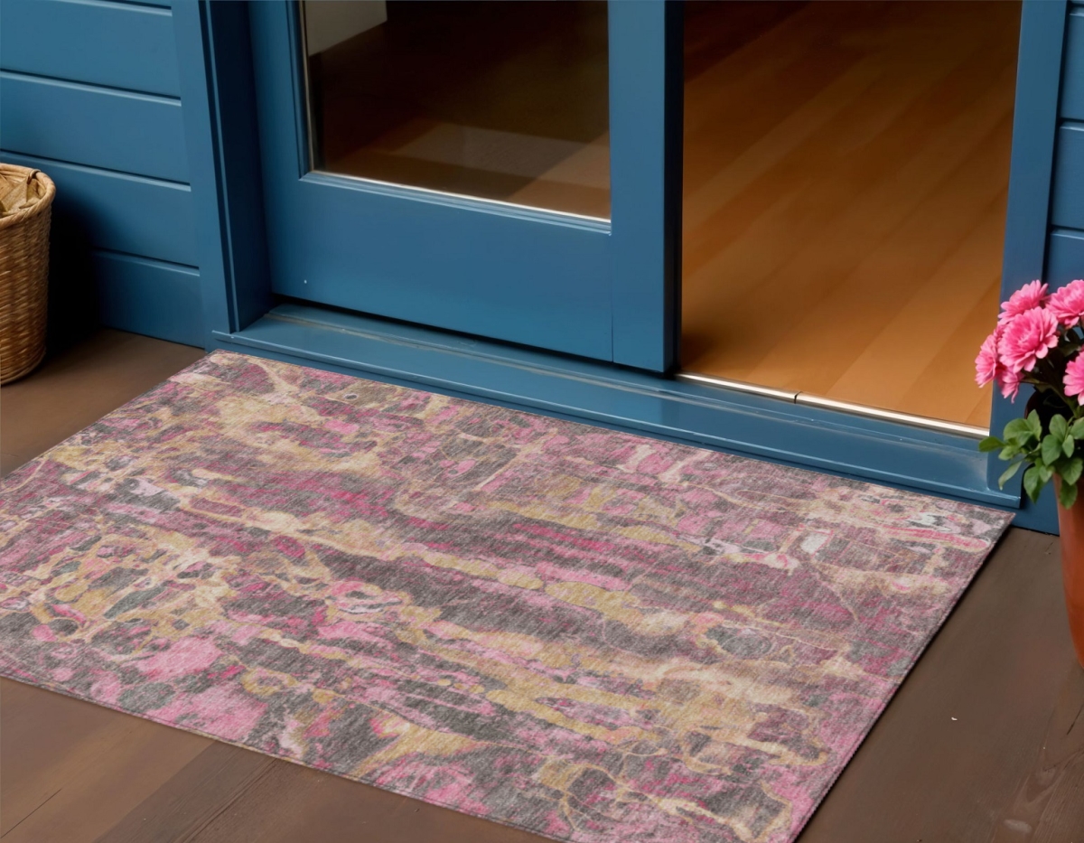 632107 3 x 5 ft. Blush & Wheat Abstract Washable Transitional Indoor & Outdoor Rectangle Area Rug