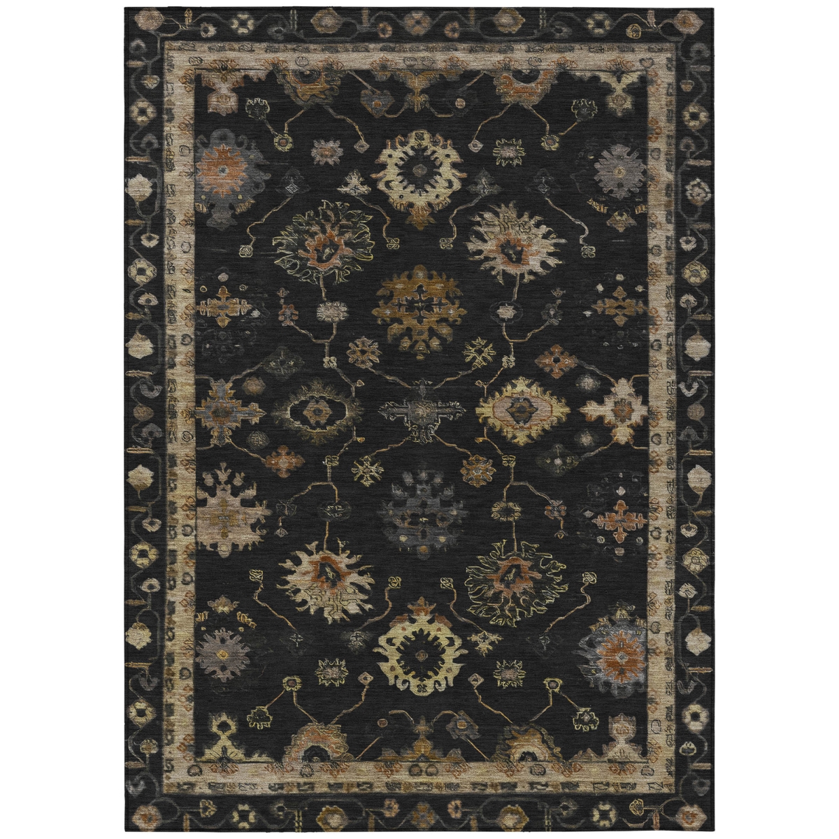 630092 10 x 14 ft. Black & Gold Floral Washable Traditional Indoor & Outdoor Rectangle Area Rug