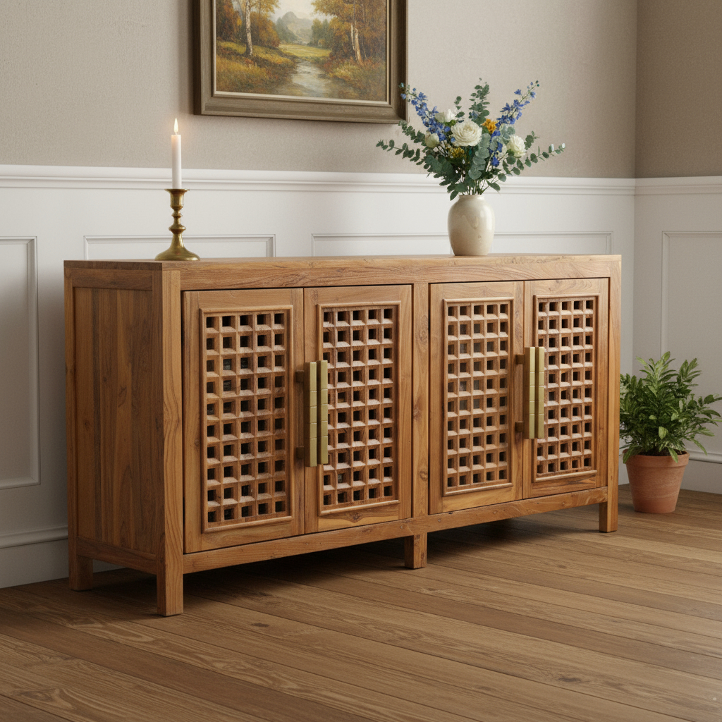 634325 36 x 71 x 17 in. Brown Solid Wood Carved Geometric Sideboard with 4 Doors