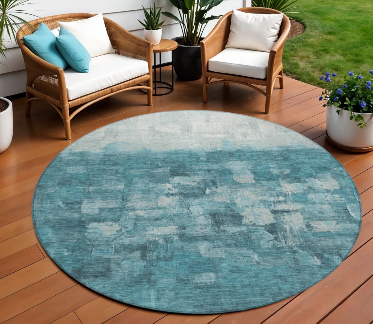 632097 8 ft. Teal, Blue & Silver Abstract Washable Transitional Indoor & Outdoor Round Area Rug