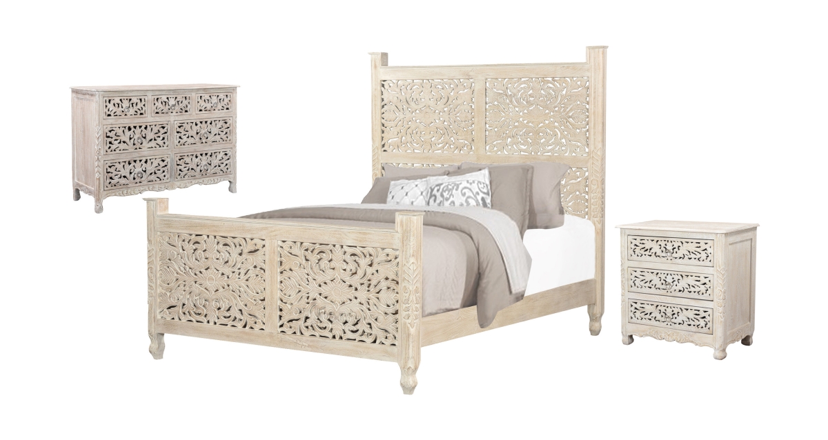 636276 3 Piece White Solid Wood Bedroom Set with King Size Mattress