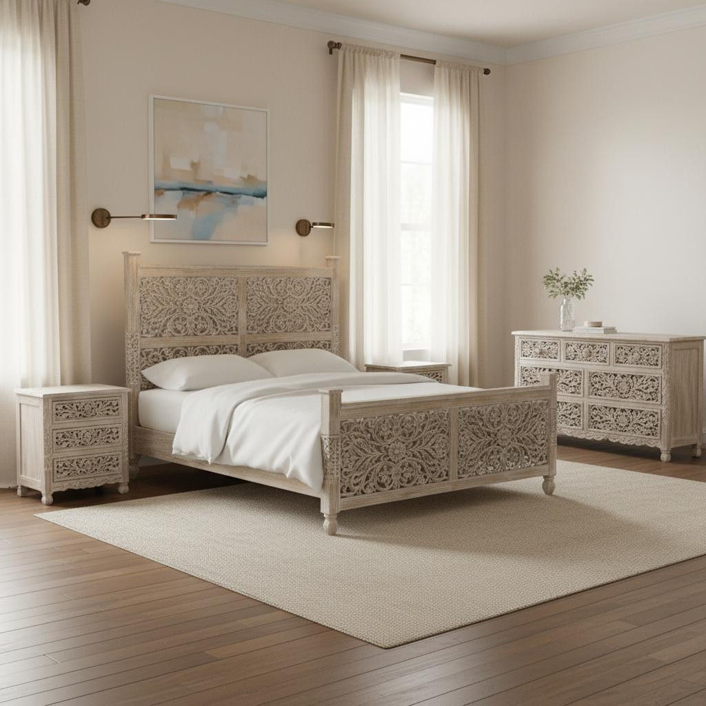 636280 69 x 81 x 89 in. Gray Solid Wood Bedroom Set - 3 Piece