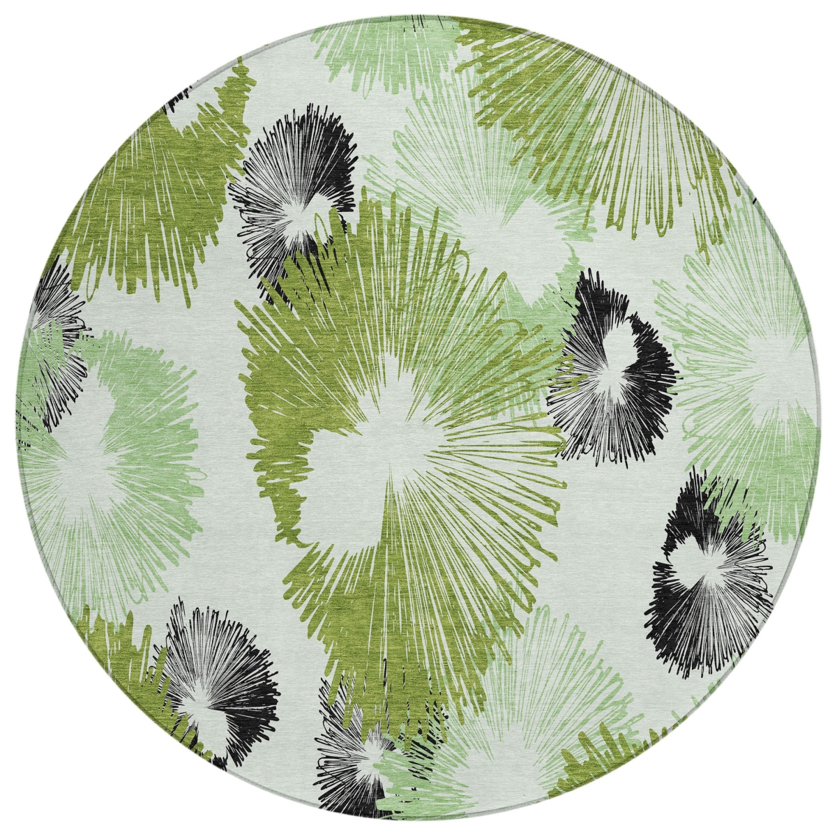 636643 8 ft. Olive Green, Ivory & Charcoal Floral Washable Transitional Indoor & Outdoor Round Area Rug